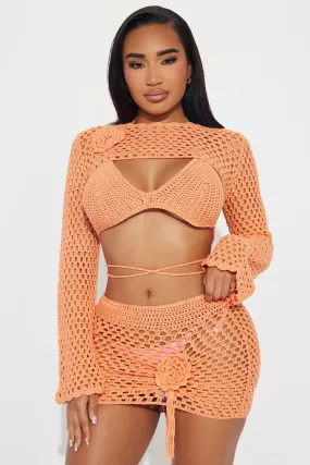 Rosa Rosette Crochet 3 Piece Cover Up Skirt Set - Orange