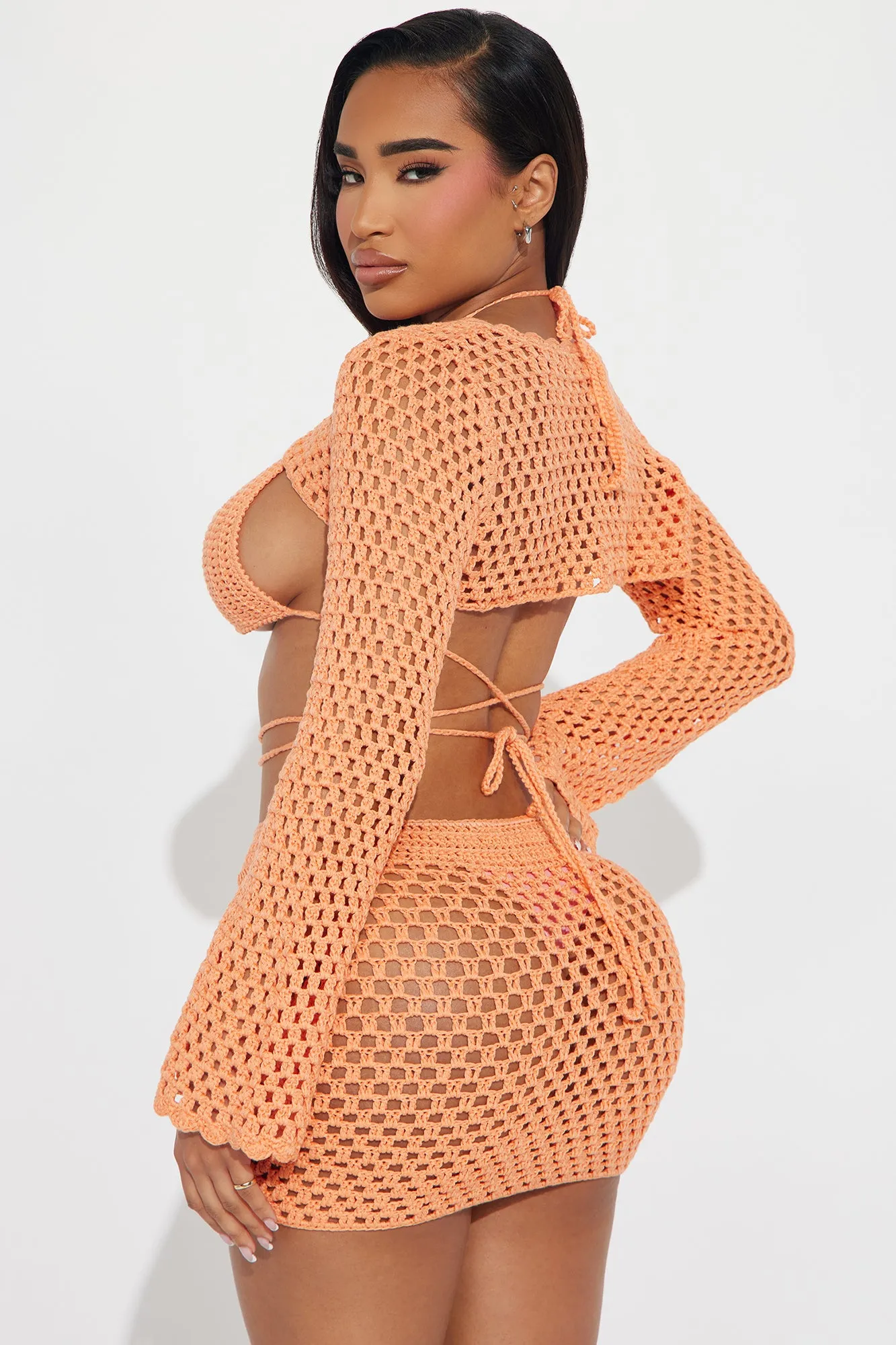 Rosa Rosette Crochet 3 Piece Cover Up Skirt Set - Orange