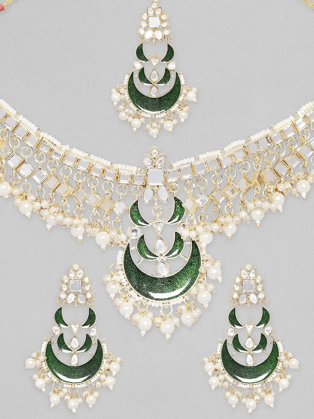 Rubans Mirror Studded Necklace Set With Maangtika.