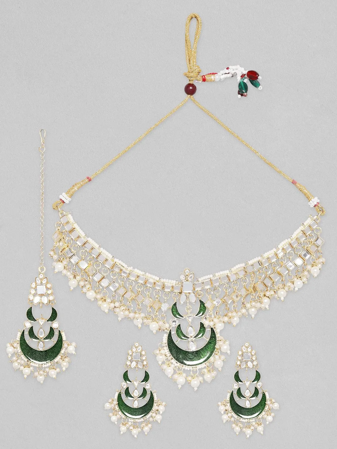 Rubans Mirror Studded Necklace Set With Maangtika.