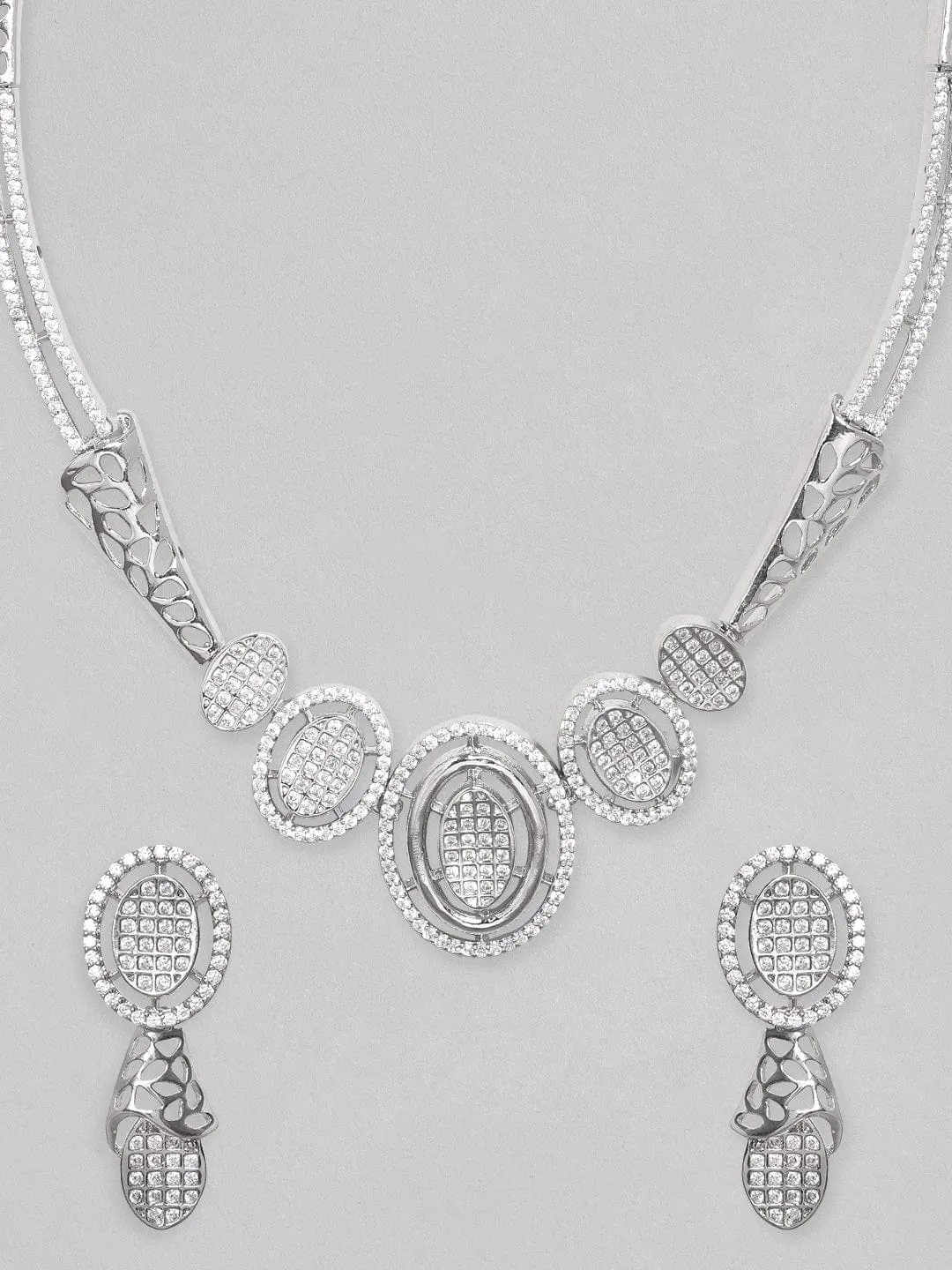 Rubans Rhodium Plated Zircons Pave Studded Party Wear Necklace Set.