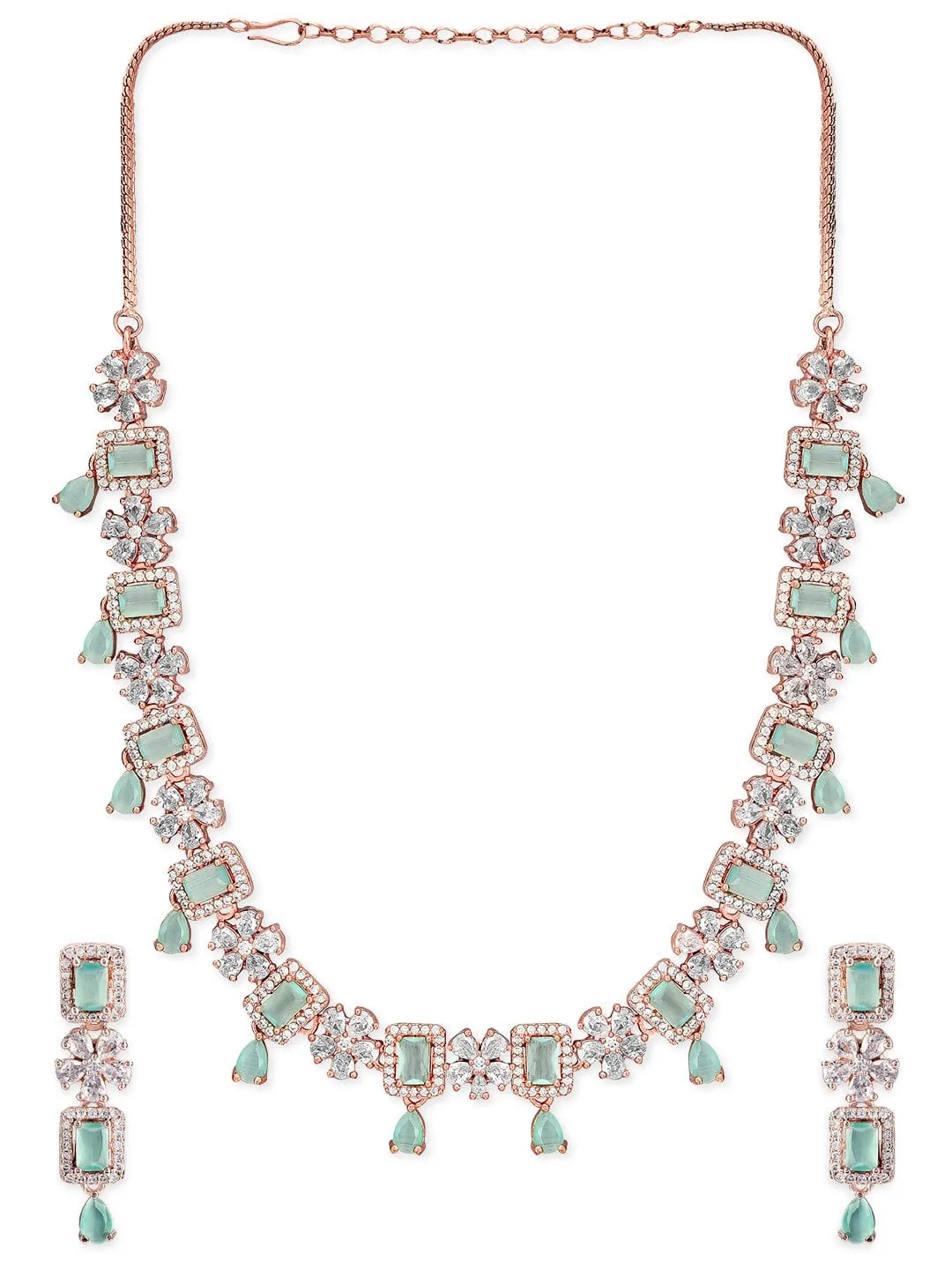 Rubans Rose Gold Plated Mint Green Zirconia Studded Necklace Set