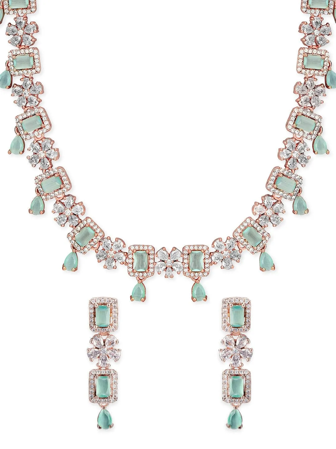 Rubans Rose Gold Plated Mint Green Zirconia Studded Necklace Set