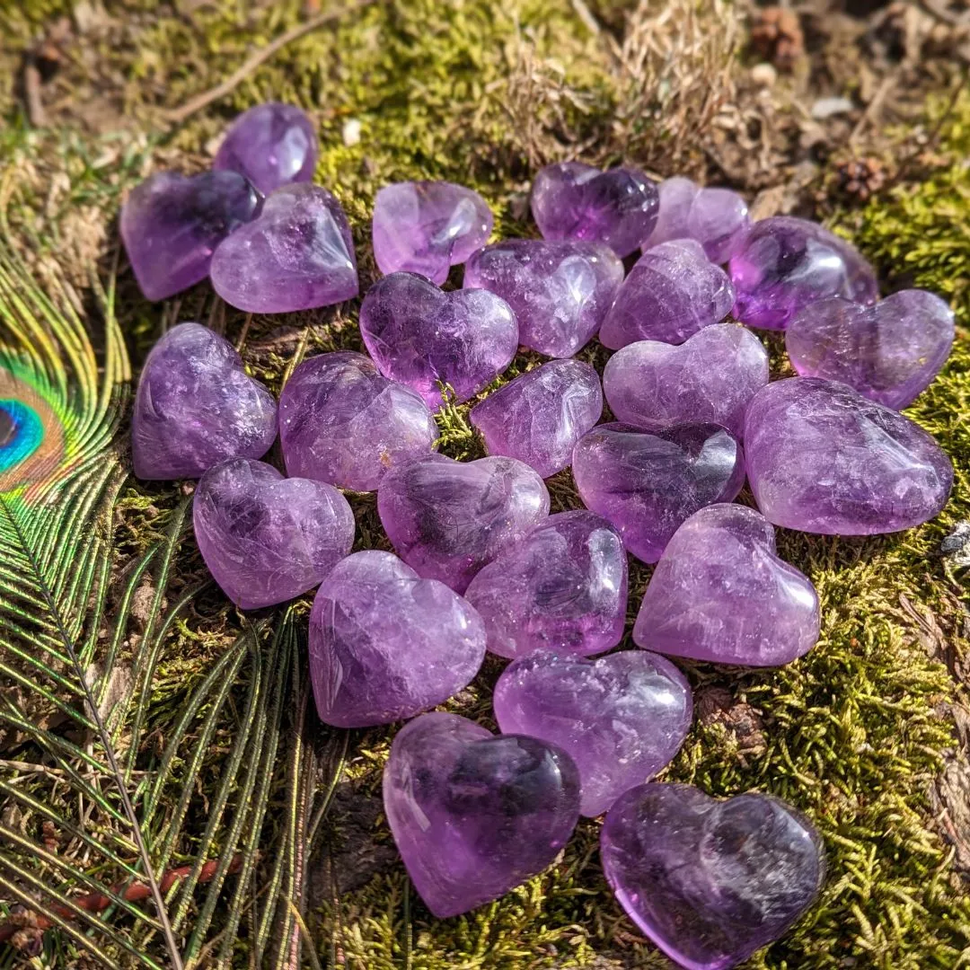 Set of Three Small Crystal Amethyst Heart Carvings with Soothing and Loving Vibrations