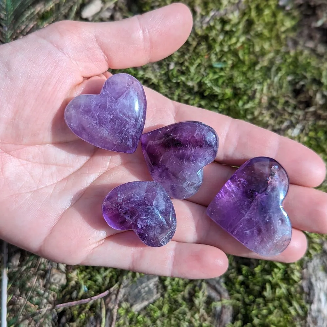 Set of Three Small Crystal Amethyst Heart Carvings with Soothing and Loving Vibrations