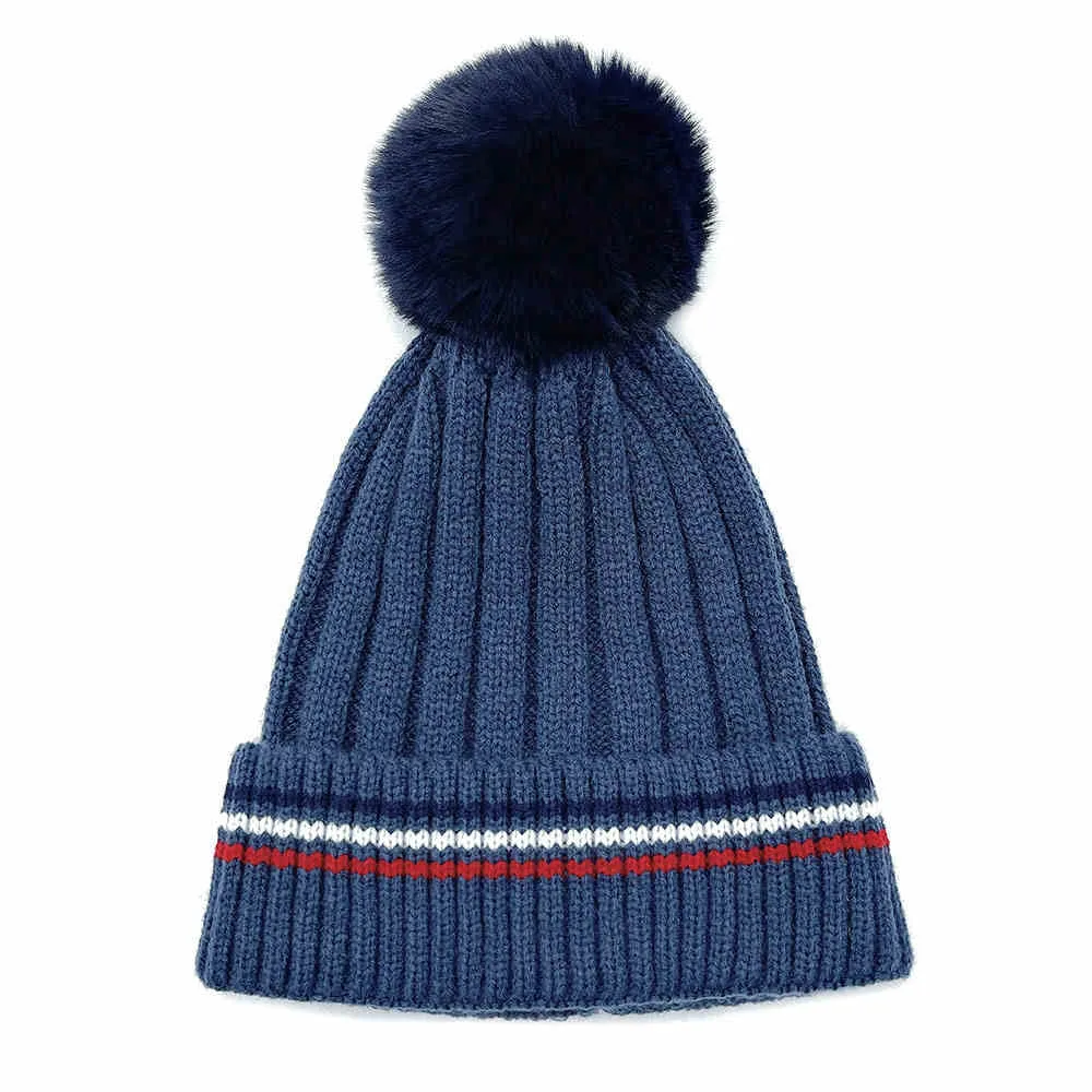 Stripe Pointed Faux Fur Pom Pom Knit Beanie Hat