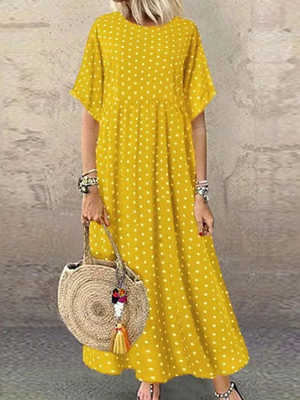 Stylish Polka Dot Maxi Dress for Women in Green, Blue, and Yellow - Elegant and Versatile with Short Sleeves