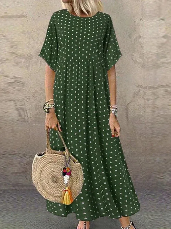 Stylish Polka Dot Maxi Dress for Women in Green, Blue, and Yellow - Elegant and Versatile with Short Sleeves