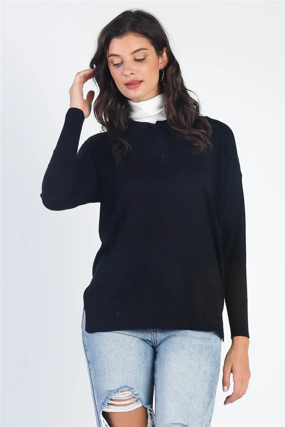 Tasha Apparel Button Up Collar Neck Long Sleeve Knit Top