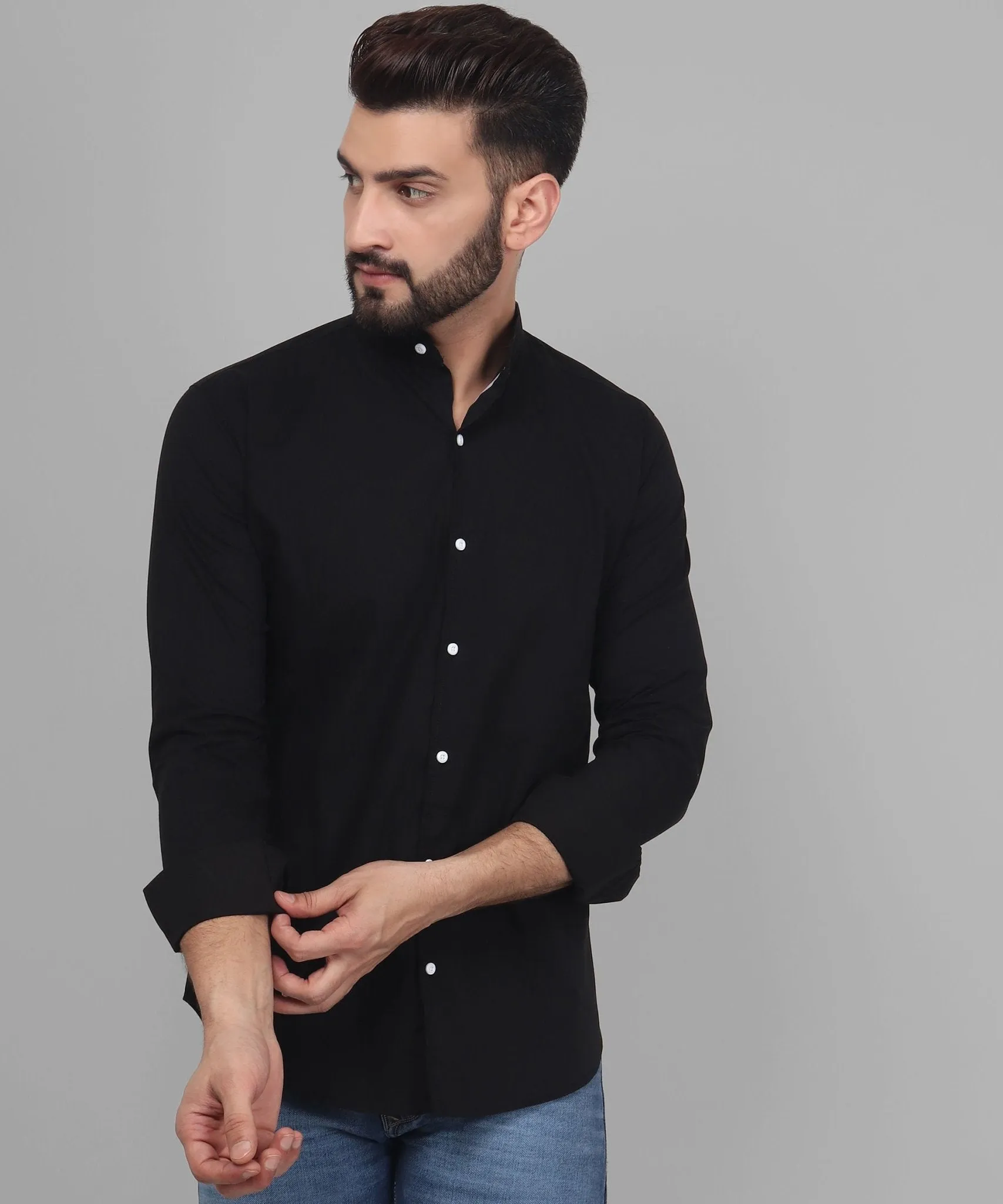 TryBuy Exclusive Men's Black Solid Band Button-Up Shirt For Men