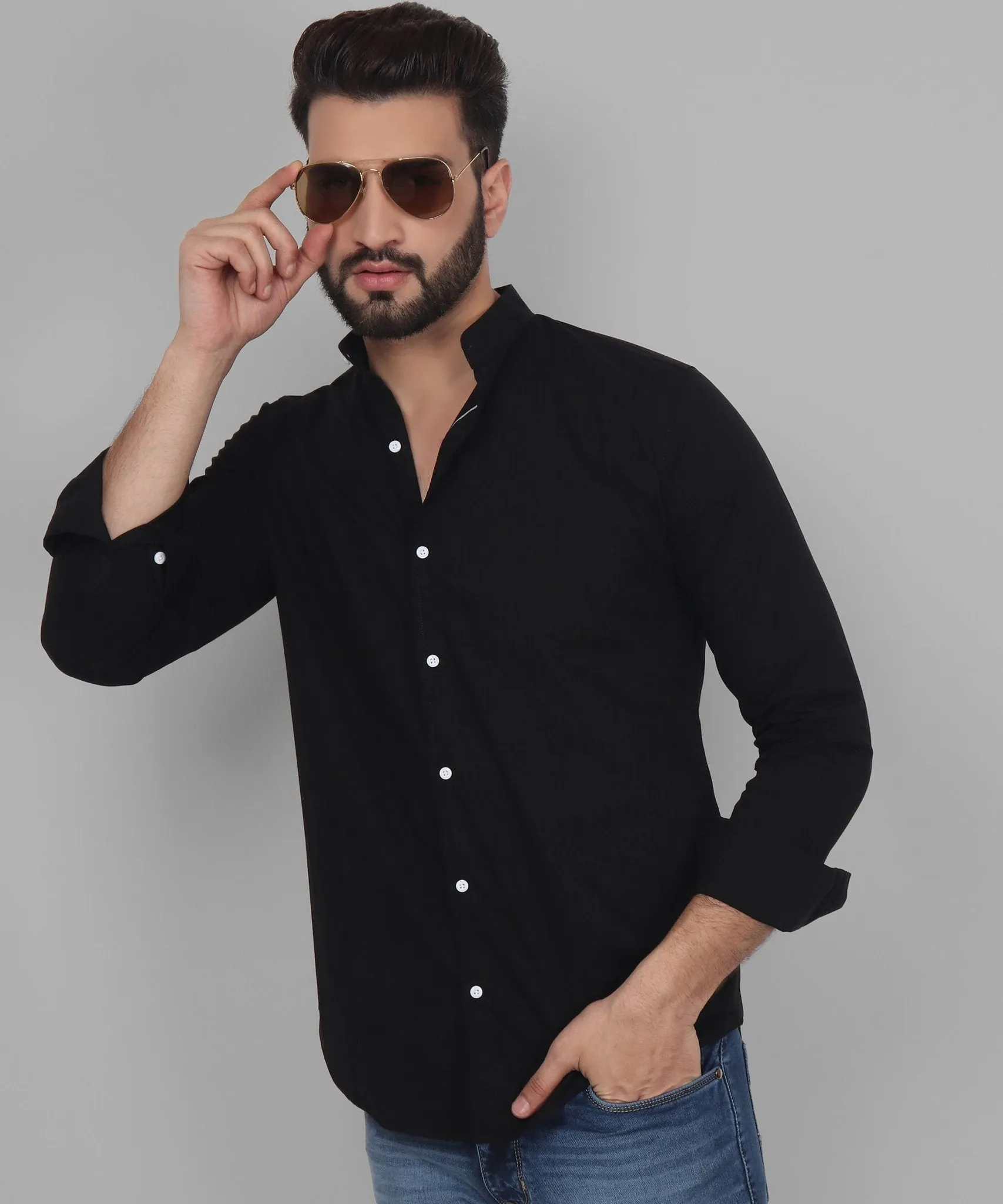 TryBuy Exclusive Men's Black Solid Band Button-Up Shirt For Men