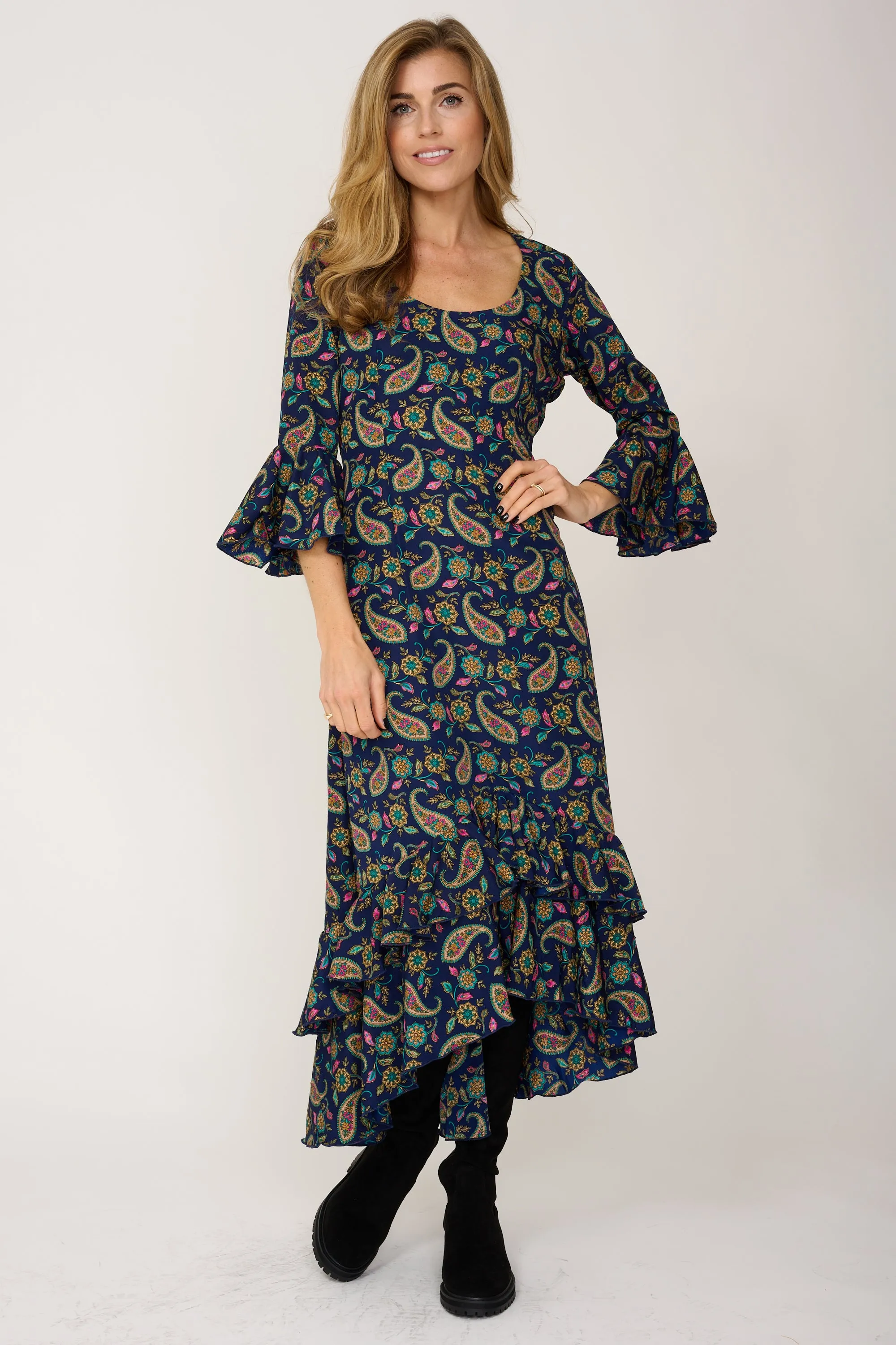 Victoria Midi Dress in Navy Paisley