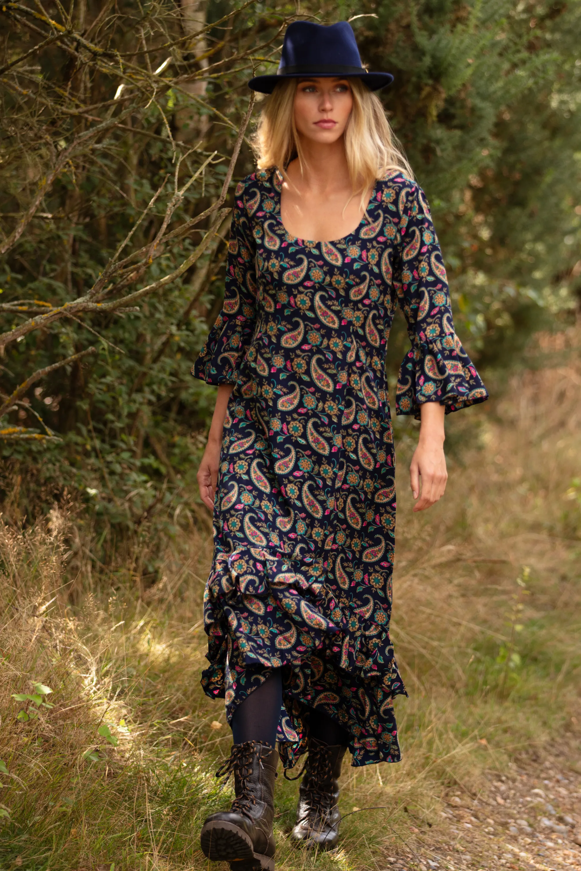 Victoria Midi Dress in Navy Paisley