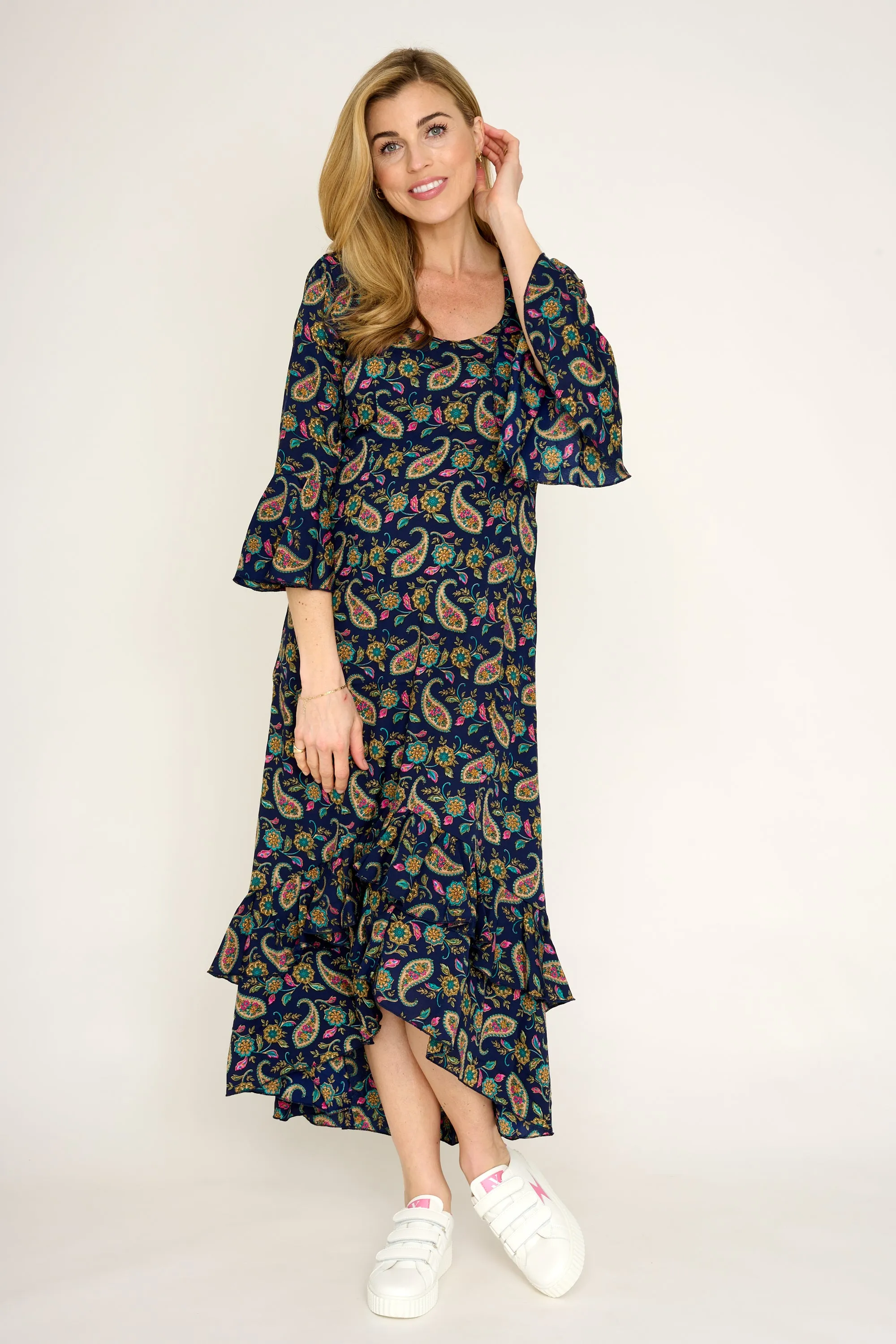 Victoria Midi Dress in Navy Paisley