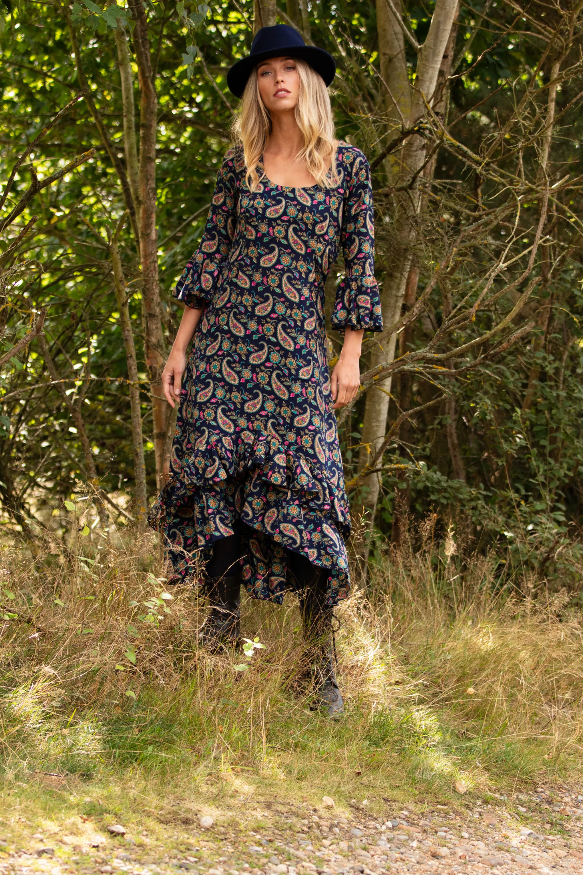 Victoria Midi Dress in Navy Paisley