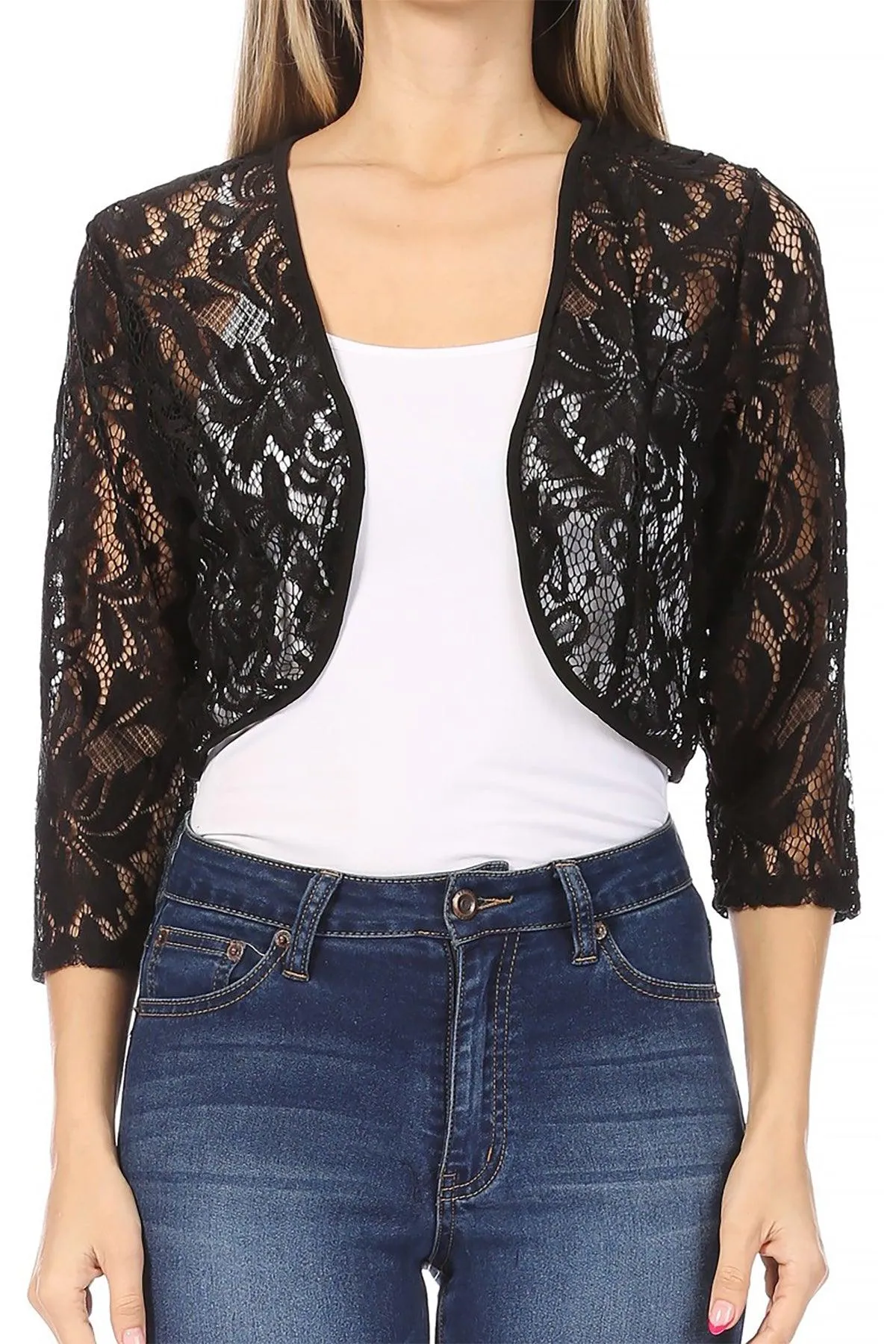 Women's Casual Lace Bolero Crochet Open Cardigan 3/4 Sleeve Sheer Cover Up Jacket