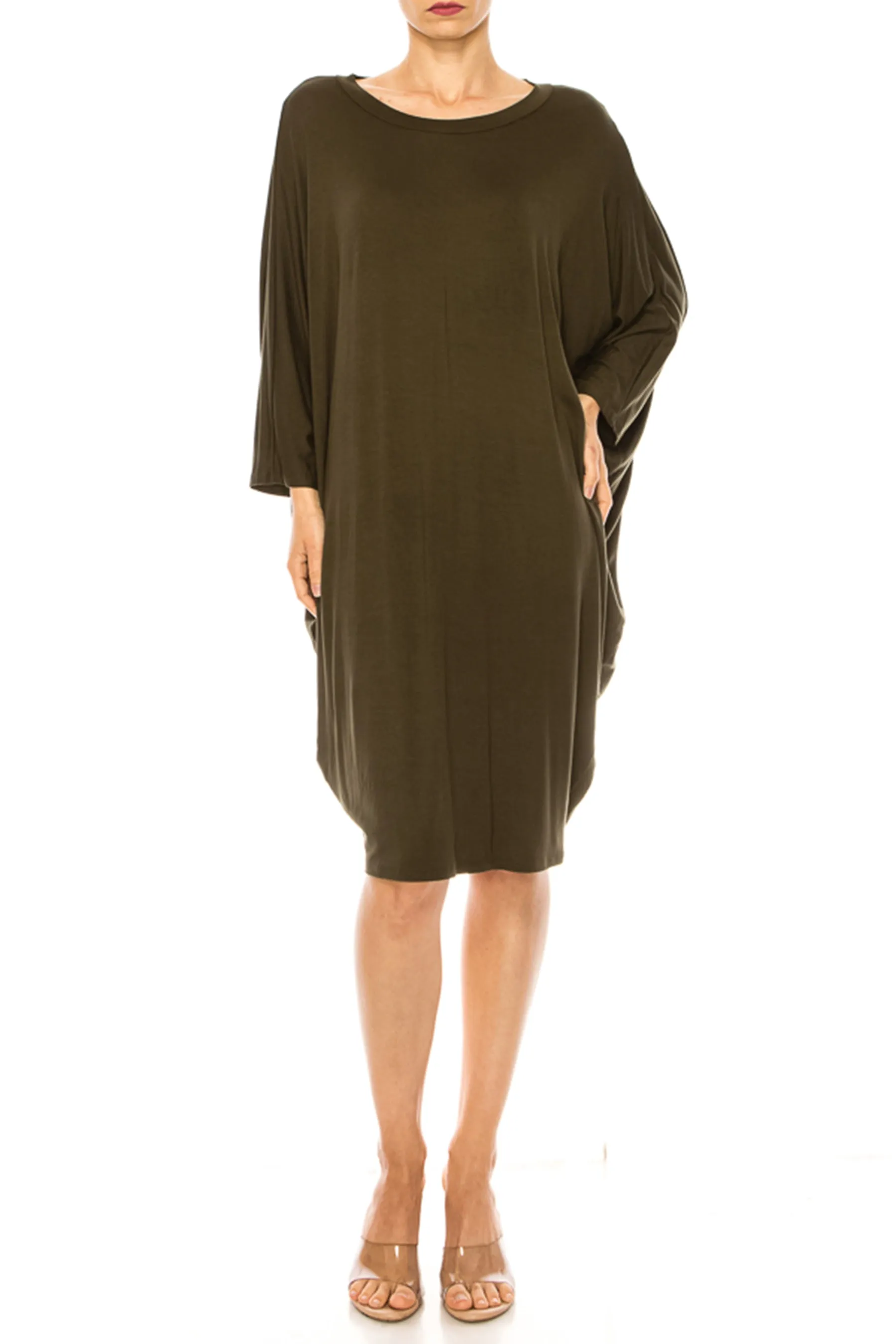 Women's Casual Loose Fit Long Sleeves Dolman Style Solid Midi Dress