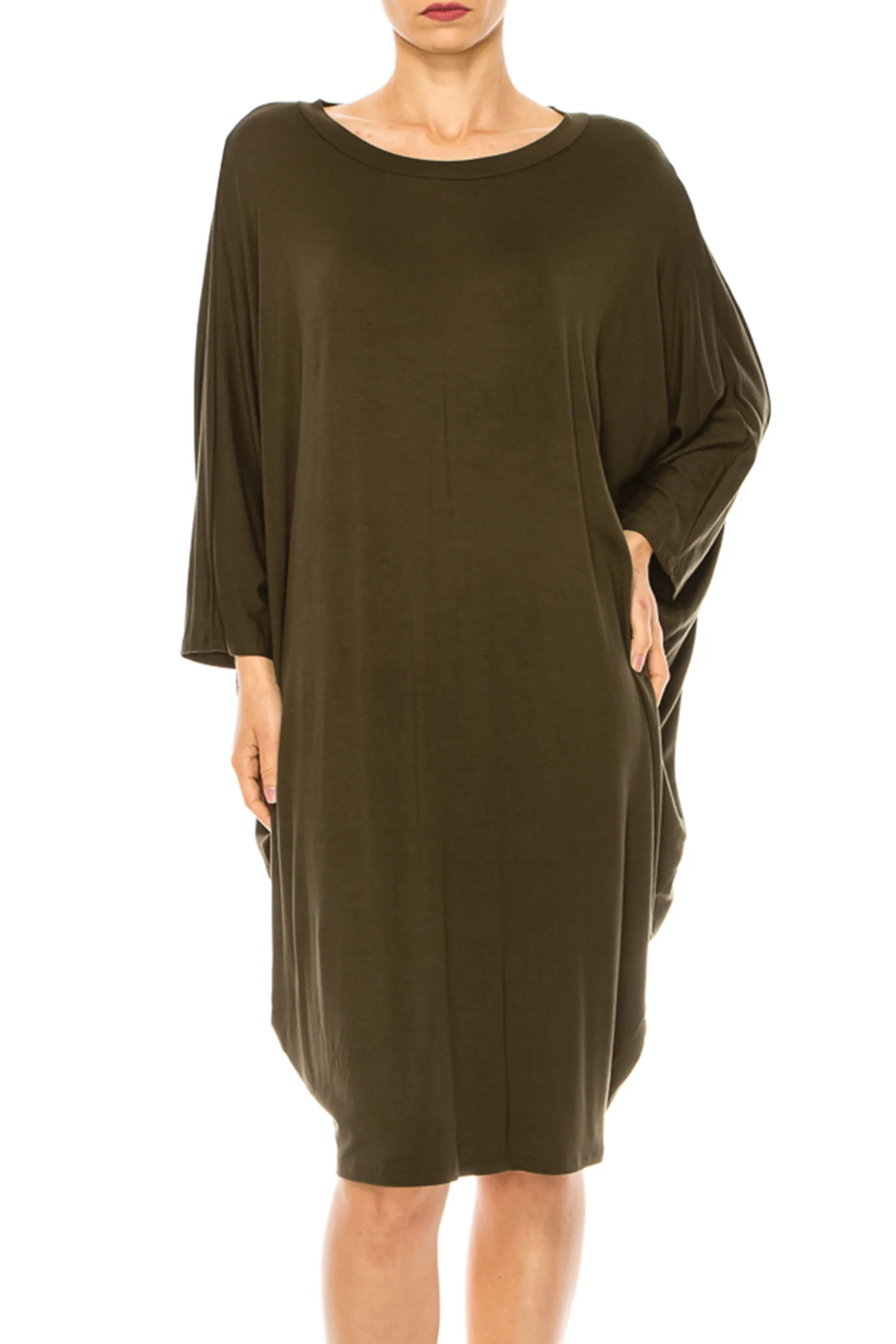 Women's Casual Loose Fit Long Sleeves Dolman Style Solid Midi Dress