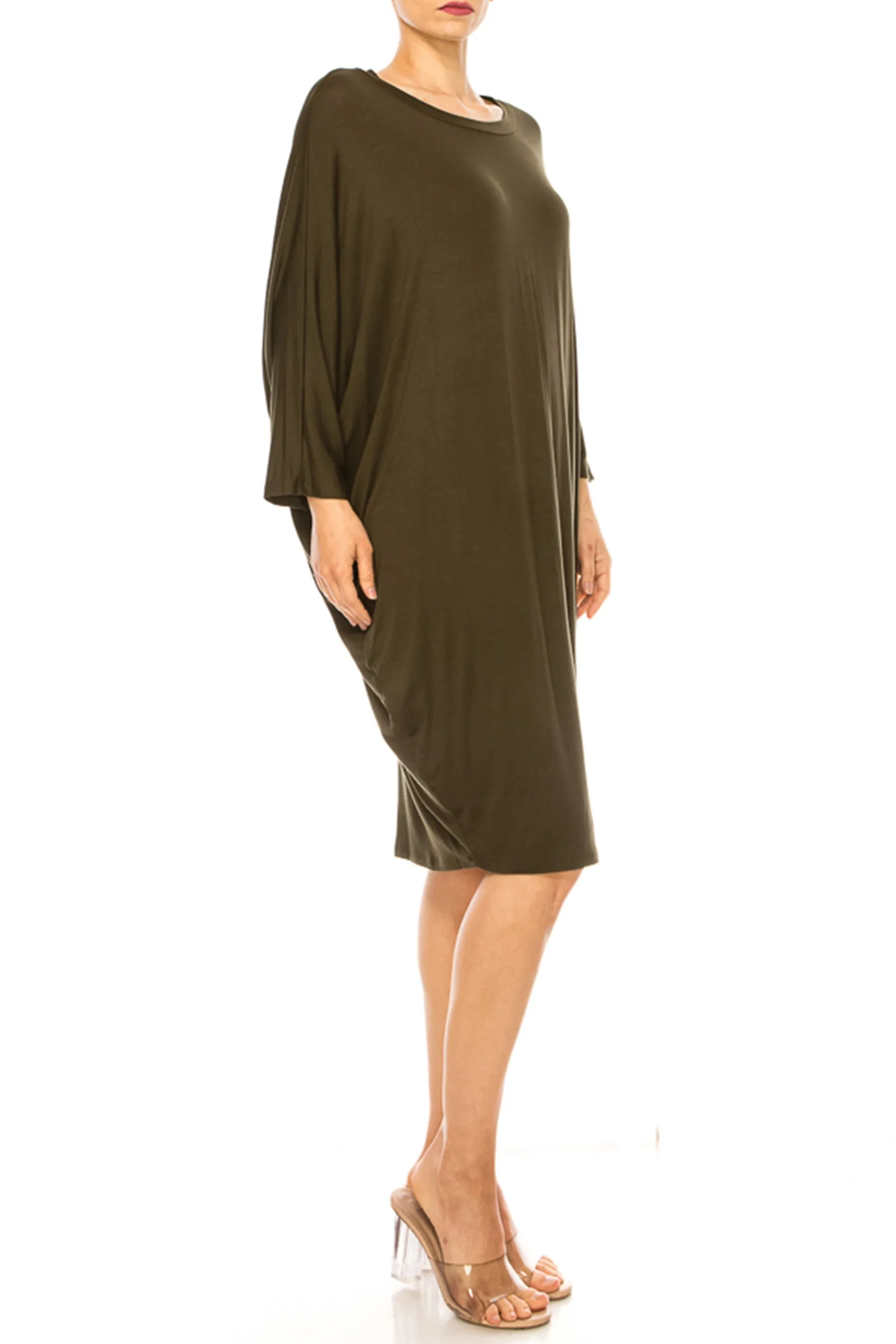 Women's Casual Loose Fit Long Sleeves Dolman Style Solid Midi Dress