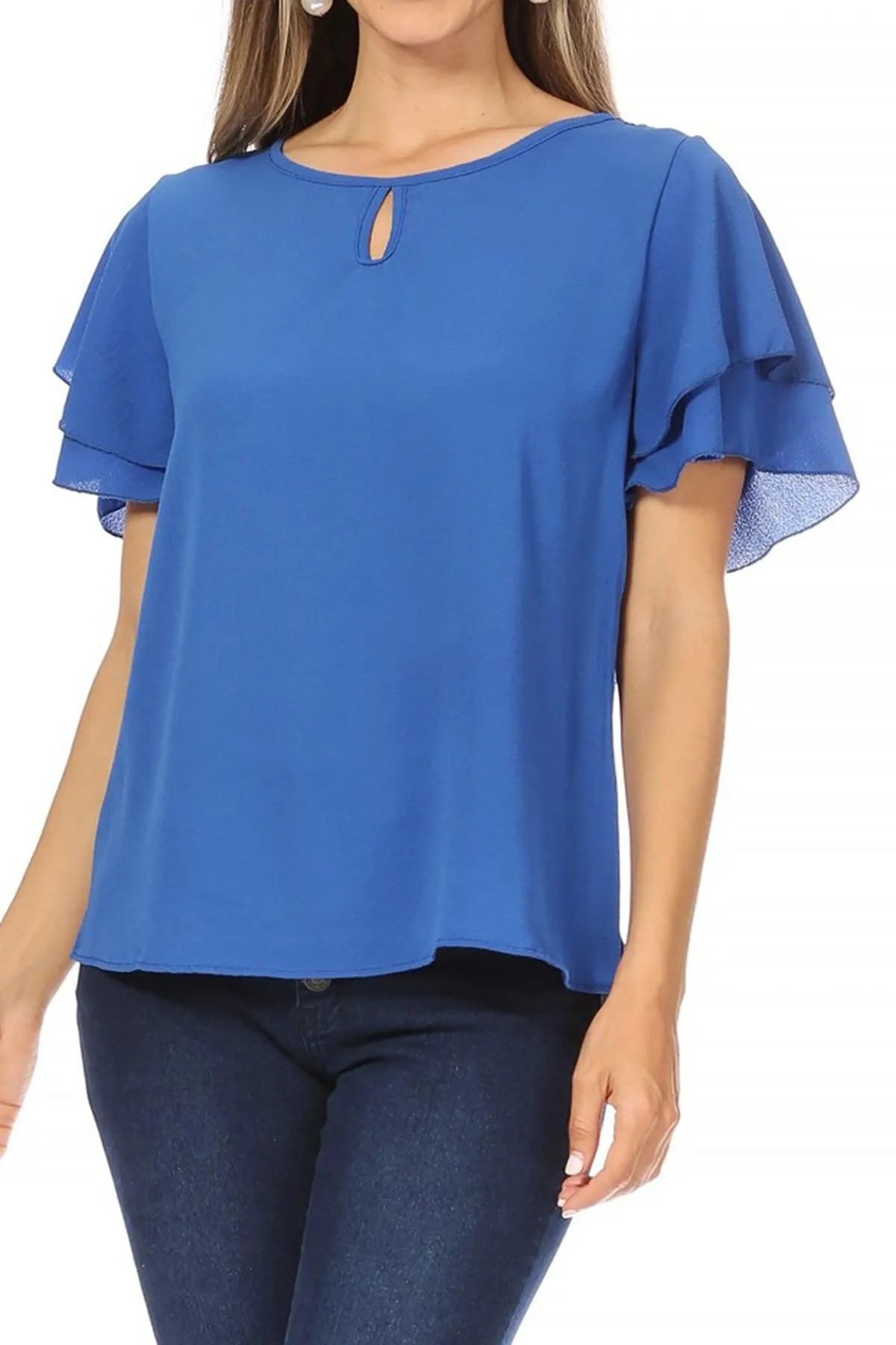 Women's Casual Solid Flowy Short Sleeve Round Neck Key Hole Tee Blouse Top