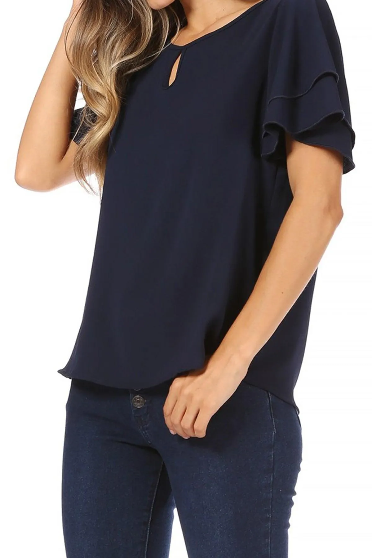 Women's Casual Solid Flowy Short Sleeve Round Neck Key Hole Tee Blouse Top