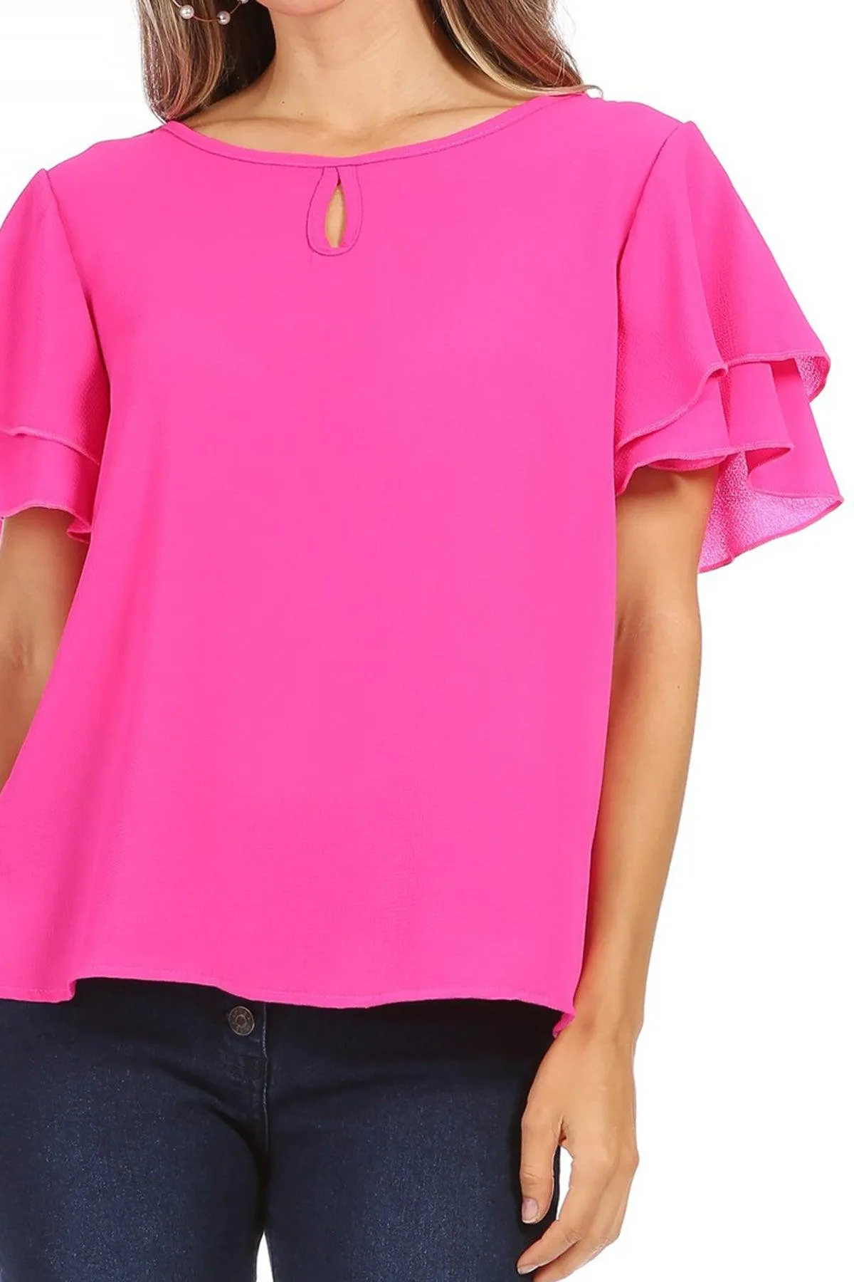 Women's Casual Solid Flowy Short Sleeve Round Neck Key Hole Tee Blouse Top