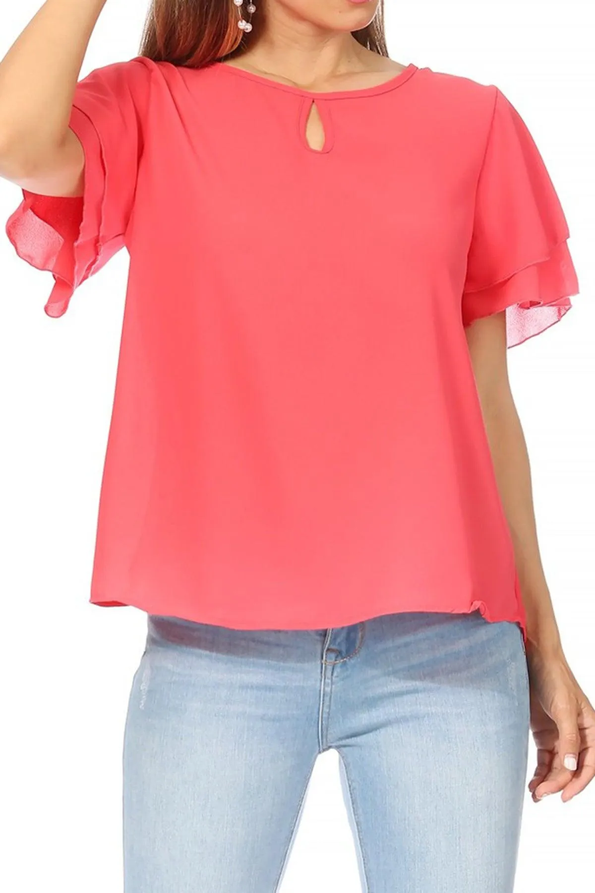 Women's Casual Solid Flowy Short Sleeve Round Neck Key Hole Tee Blouse Top