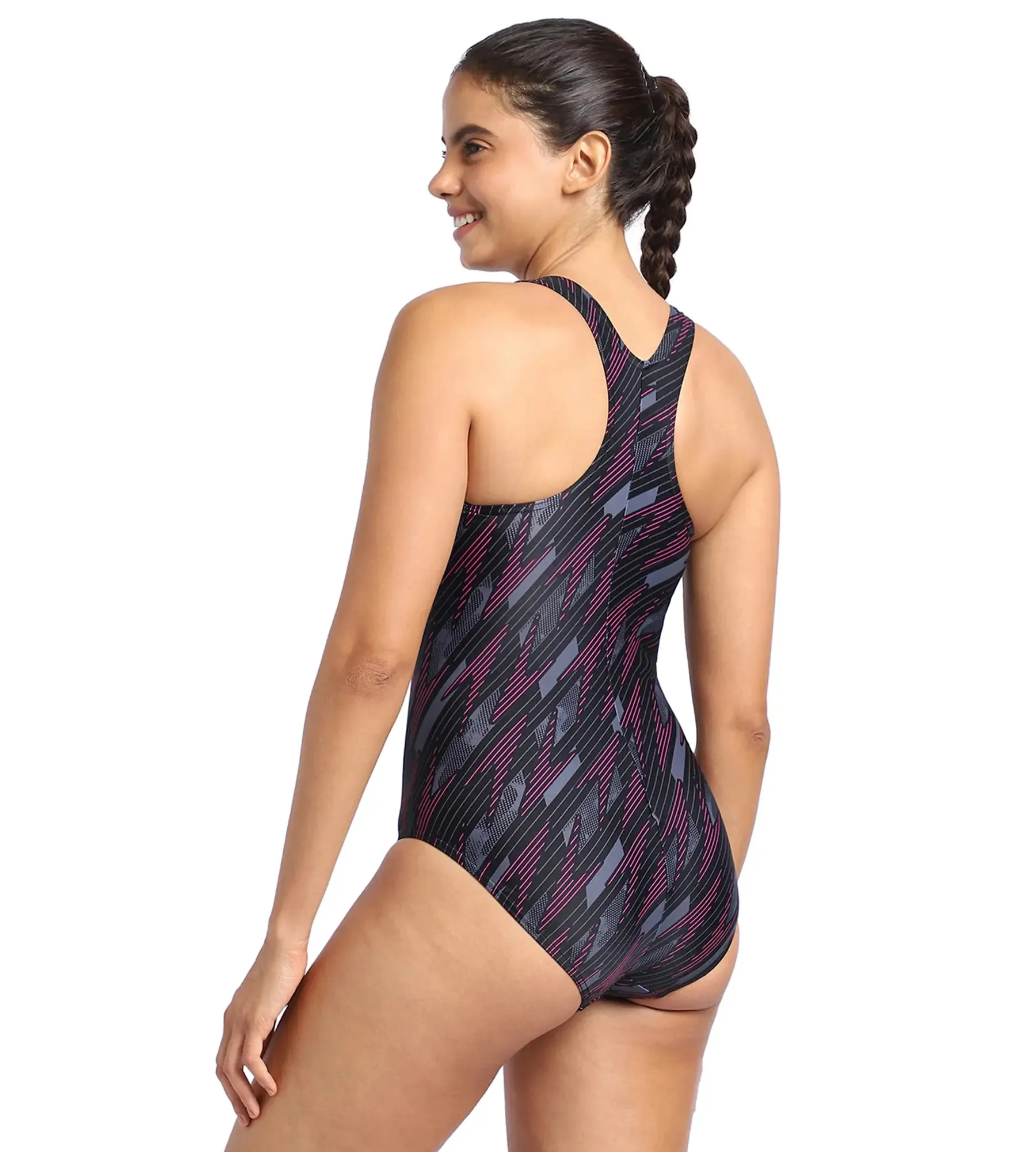 Women's Endurance Hyperboom Allover Racerback One Piece Swimwear - Black & Electric Pink