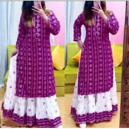 Women's Printed Rayon Kurta with Skirt Set