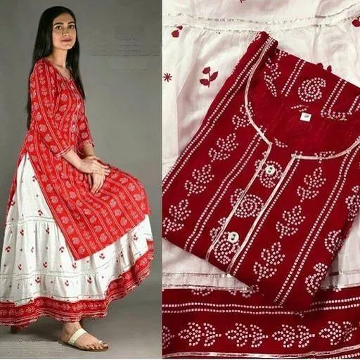 Women's Printed Rayon Kurta with Skirt Set