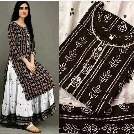 Women's Printed Rayon Kurta with Skirt Set